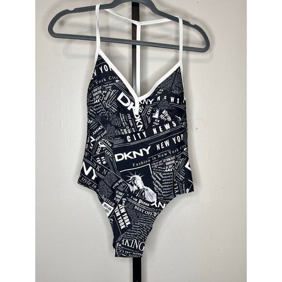 NWT DKNY Newsprint Graphic T-Back One-Piece Swimsuit Black/White Women's Large - Picture 4 of 7
